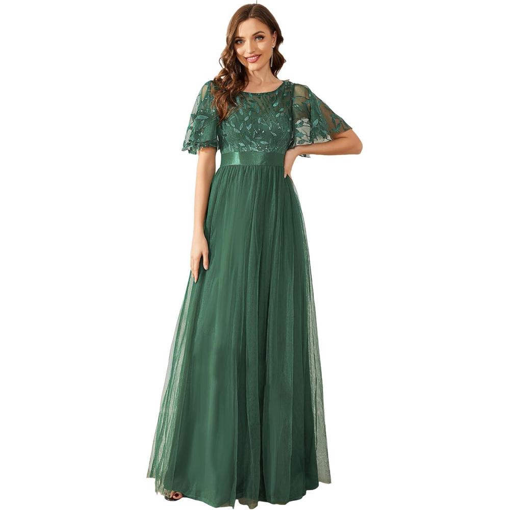 imageEverPretty Formal Dresses for Women Sequin Ruffle Sleeves Empire Waist ALine Long Evening Gowns Mother of Bride DressEucalyptus Green