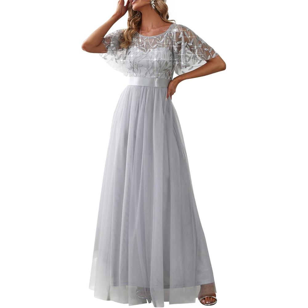 imageEverPretty Formal Dresses for Women Sequin Ruffle Sleeves Empire Waist ALine Long Evening Gowns Mother of Bride DressGray