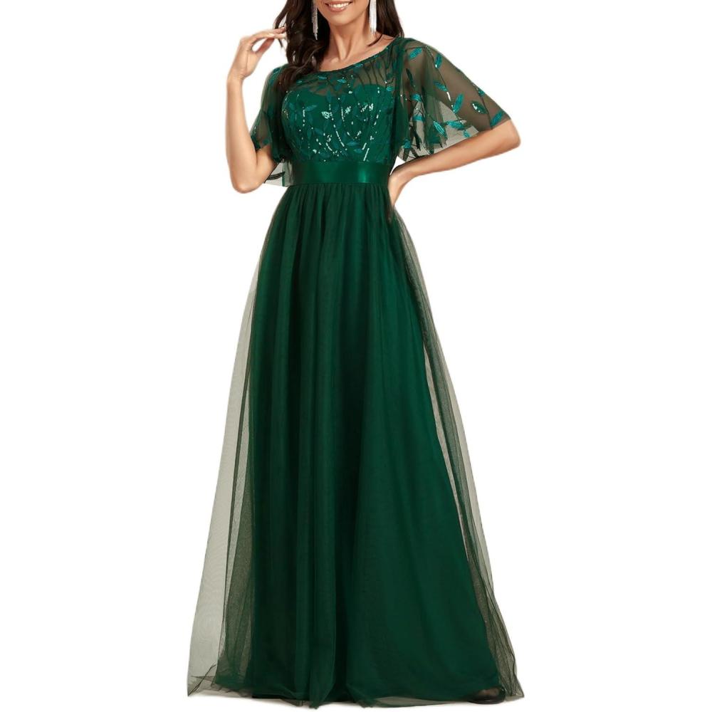imageEverPretty Formal Dresses for Women Sequin Ruffle Sleeves Empire Waist ALine Long Evening Gowns Mother of Bride DressGreen