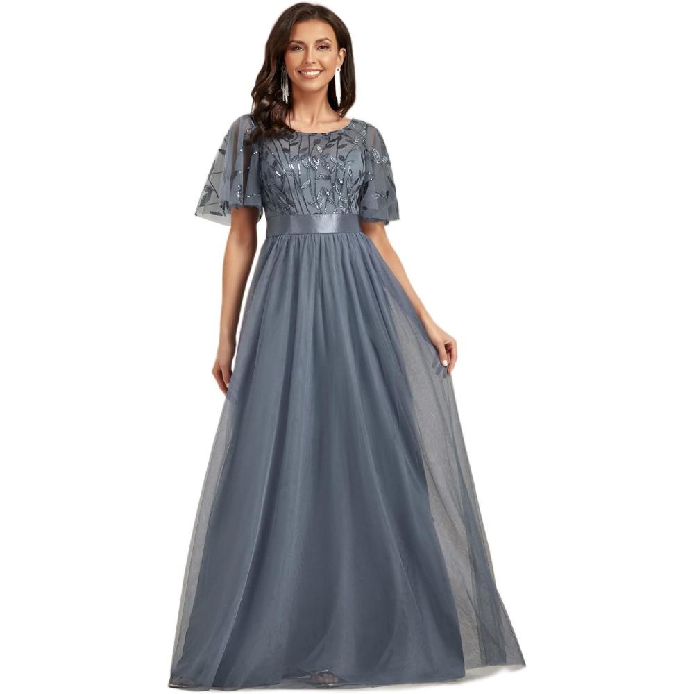 imageEverPretty Formal Dresses for Women Sequin Ruffle Sleeves Empire Waist ALine Long Evening Gowns Mother of Bride DressHaze Blue