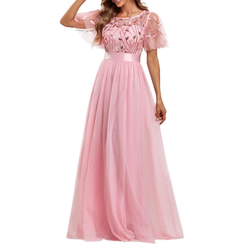 imageEverPretty Formal Dresses for Women Sequin Ruffle Sleeves Empire Waist ALine Long Evening Gowns Mother of Bride DressPink