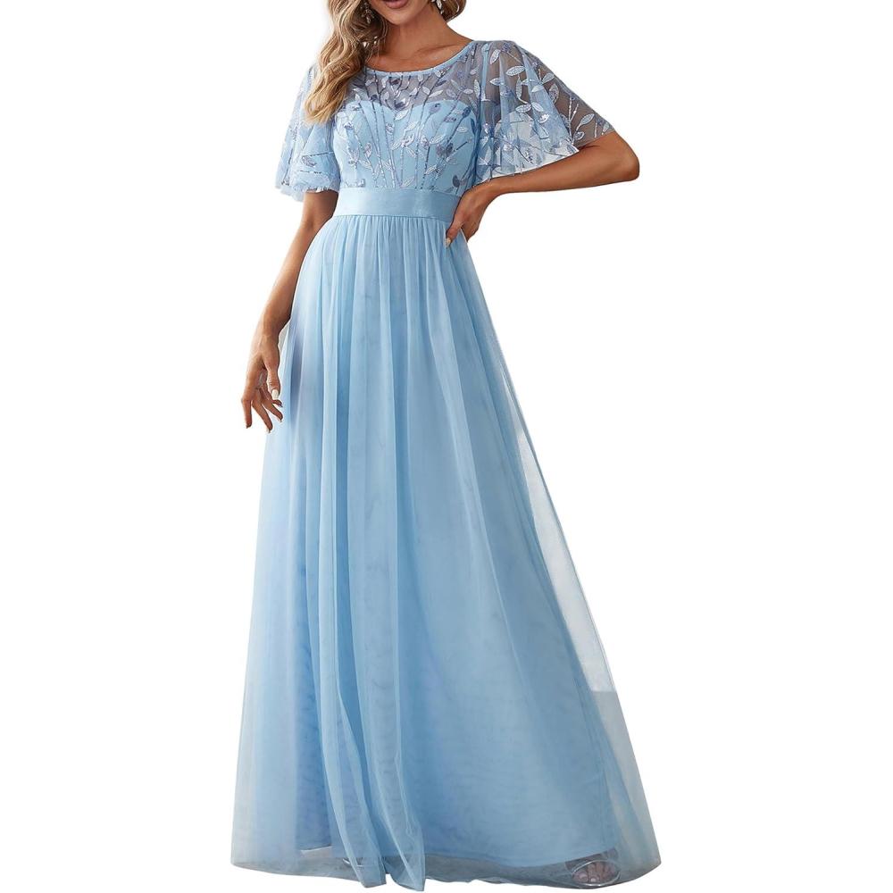 imageEverPretty Formal Dresses for Women Sequin Ruffle Sleeves Empire Waist ALine Long Evening Gowns Mother of Bride DressSky Blue