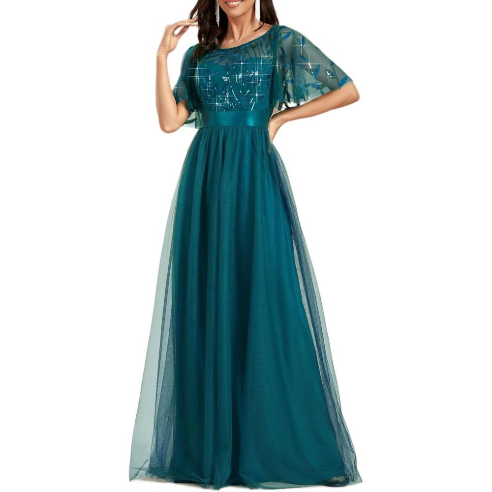 imageEverPretty Formal Dresses for Women Sequin Ruffle Sleeves Empire Waist ALine Long Evening Gowns Mother of Bride DressTeal