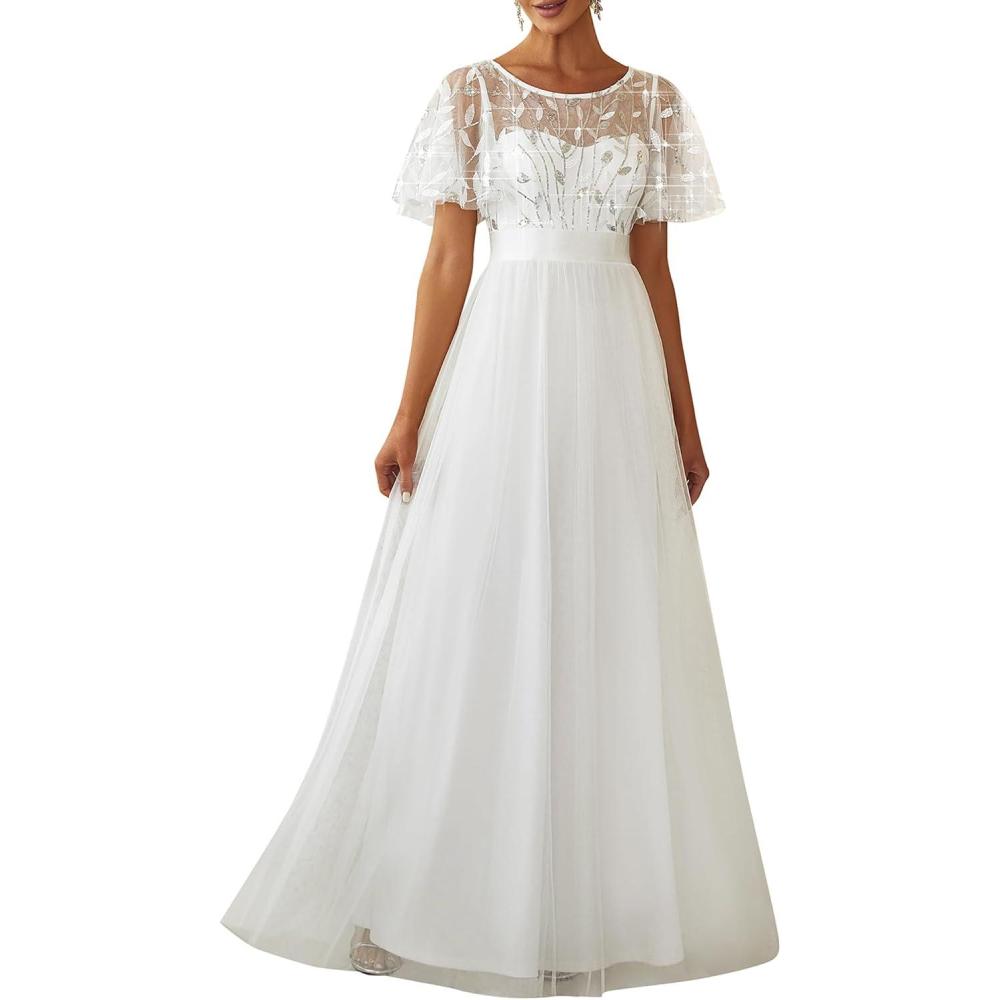 imageEverPretty Formal Dresses for Women Sequin Ruffle Sleeves Empire Waist ALine Long Evening Gowns Mother of Bride DressWhite