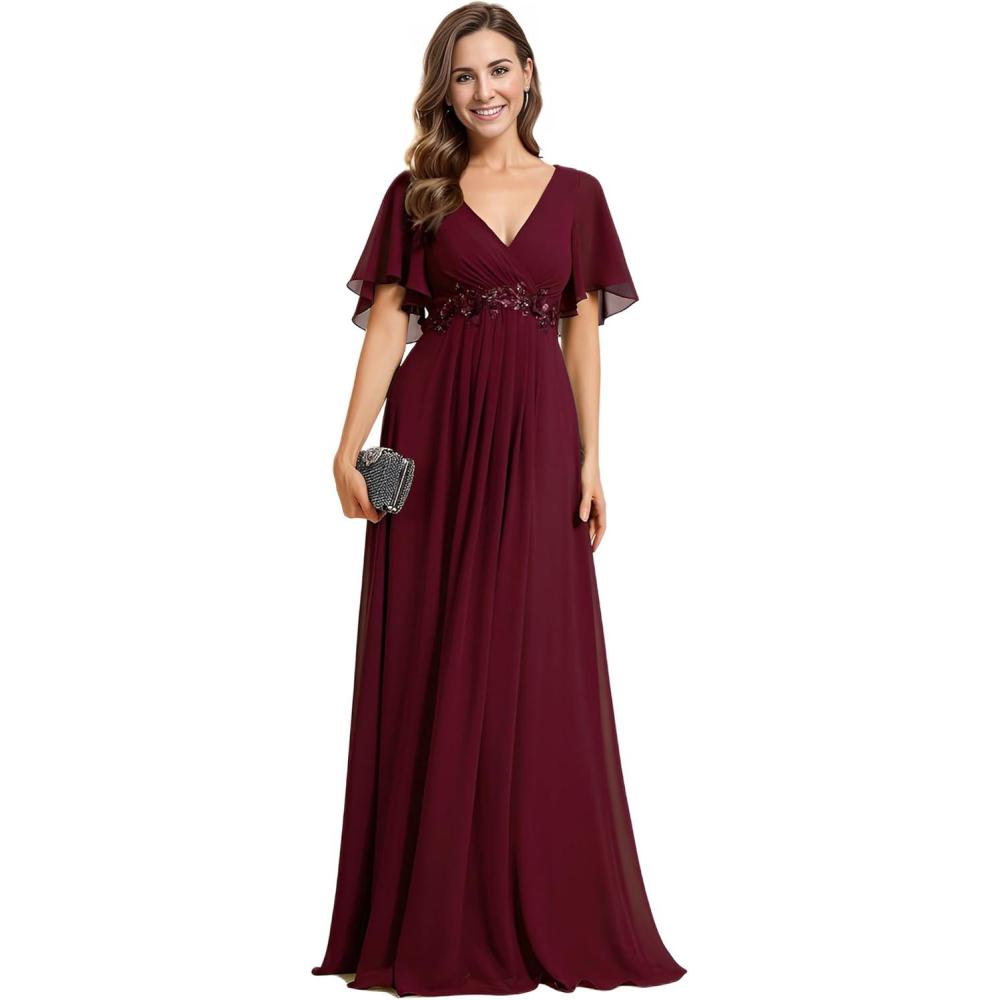 imageEverPretty Womens Bridesmaid Dresses VNeck Flutter Sleeve Long Chiffon ALine Appliqued Waist Formal DressBurgundy