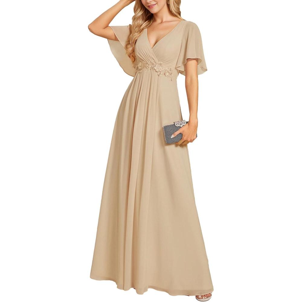 imageEverPretty Womens Bridesmaid Dresses VNeck Flutter Sleeve Long Chiffon ALine Appliqued Waist Formal DressChampagne