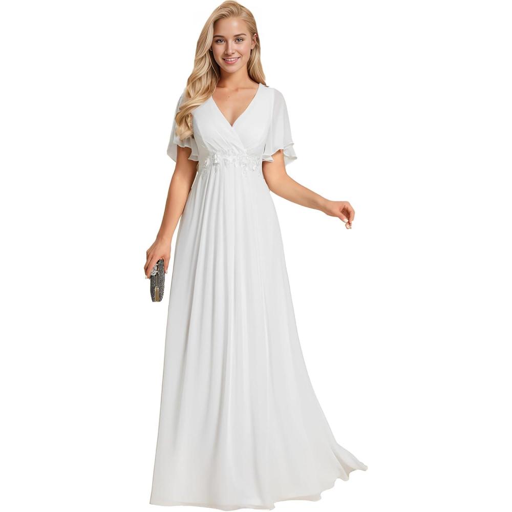 imageEverPretty Womens Bridesmaid Dresses VNeck Flutter Sleeve Long Chiffon ALine Appliqued Waist Formal DressCream