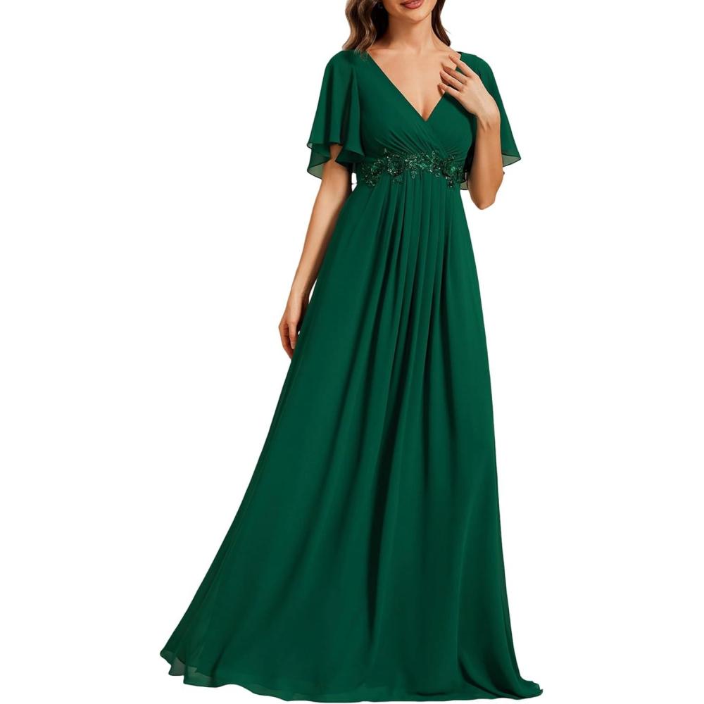 imageEverPretty Womens Bridesmaid Dresses VNeck Flutter Sleeve Long Chiffon ALine Appliqued Waist Formal DressDeep Green