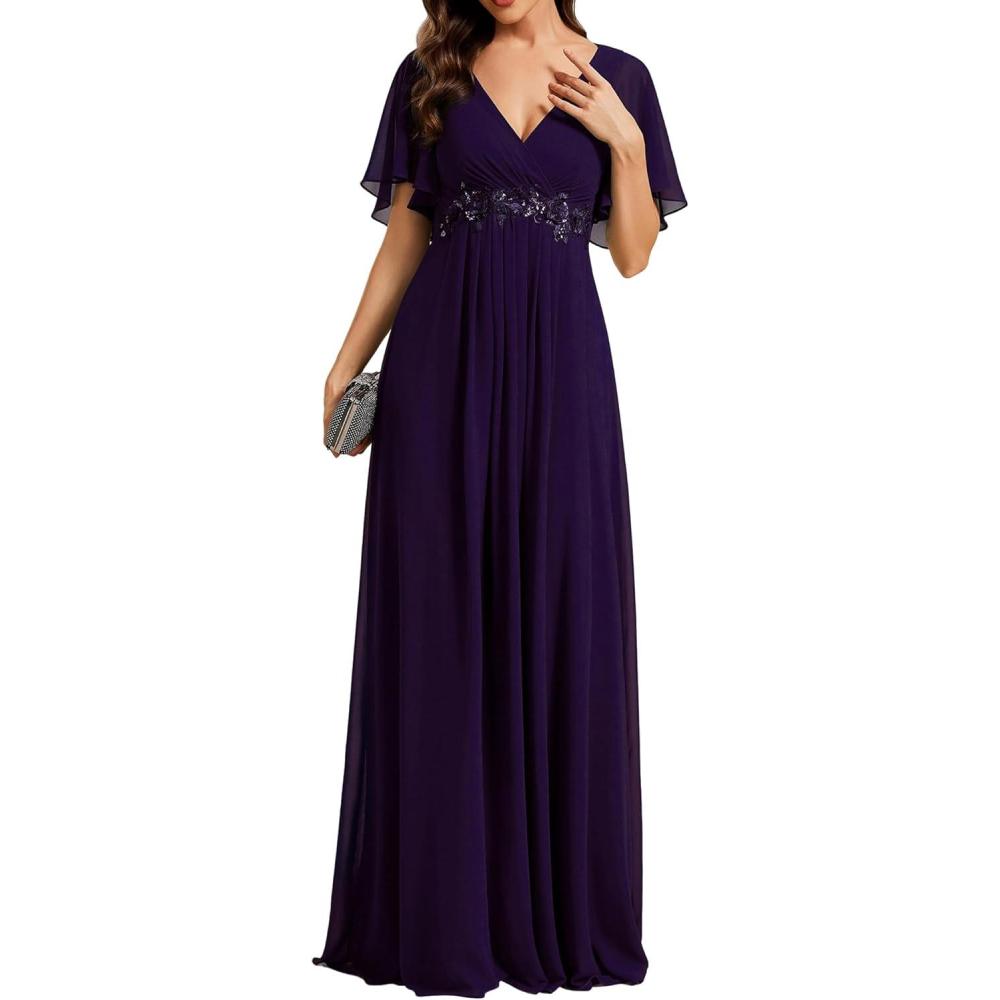 imageEverPretty Womens Bridesmaid Dresses VNeck Flutter Sleeve Long Chiffon ALine Appliqued Waist Formal DressDeep Purple