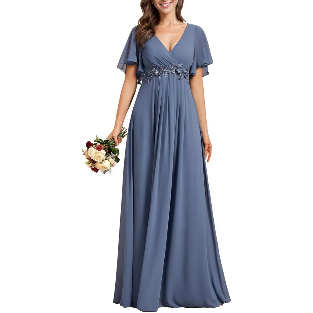 imageEverPretty Womens Bridesmaid Dresses VNeck Flutter Sleeve Long Chiffon ALine Appliqued Waist Formal DressDusty Navy