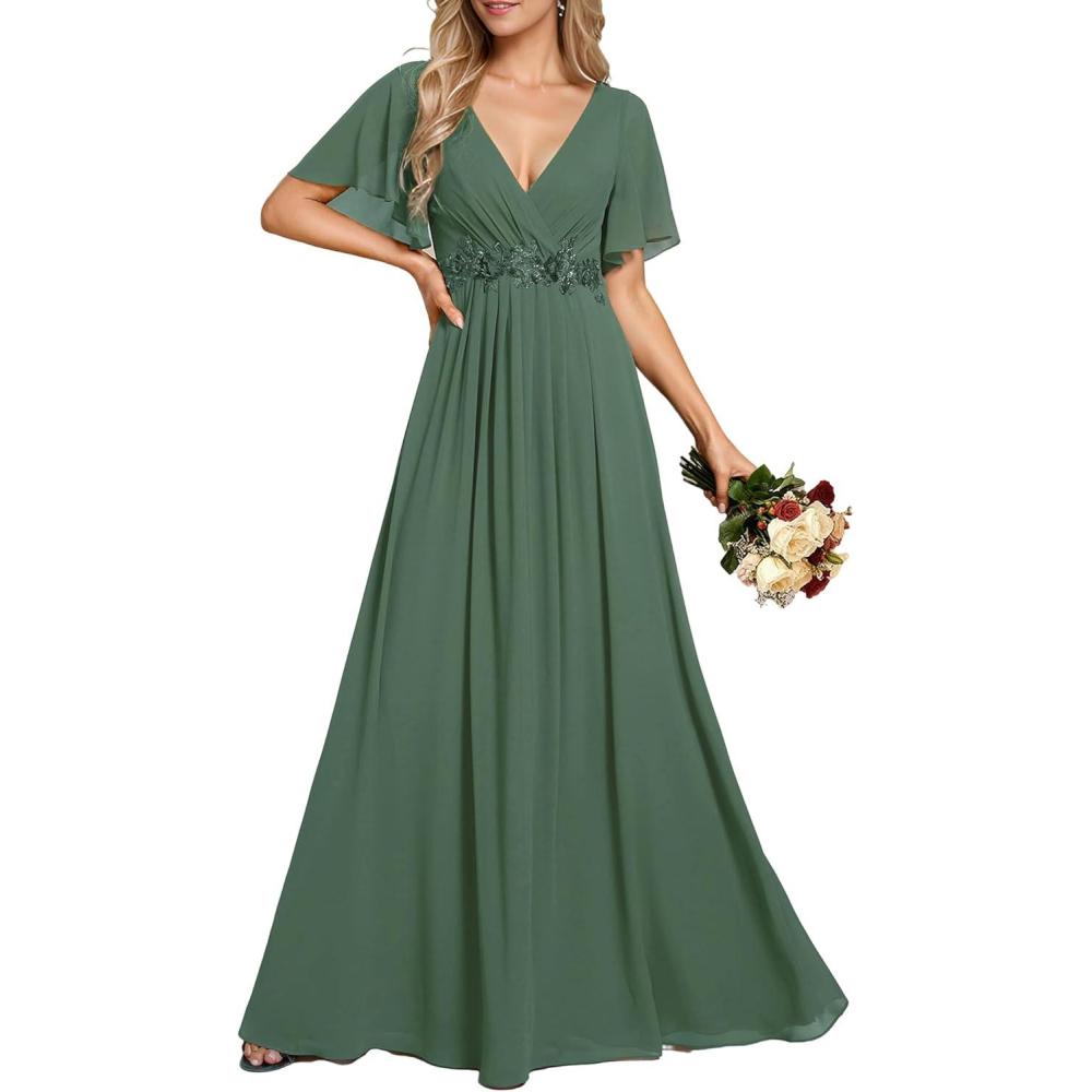imageEverPretty Womens Bridesmaid Dresses VNeck Flutter Sleeve Long Chiffon ALine Appliqued Waist Formal DressEucalyptus Green