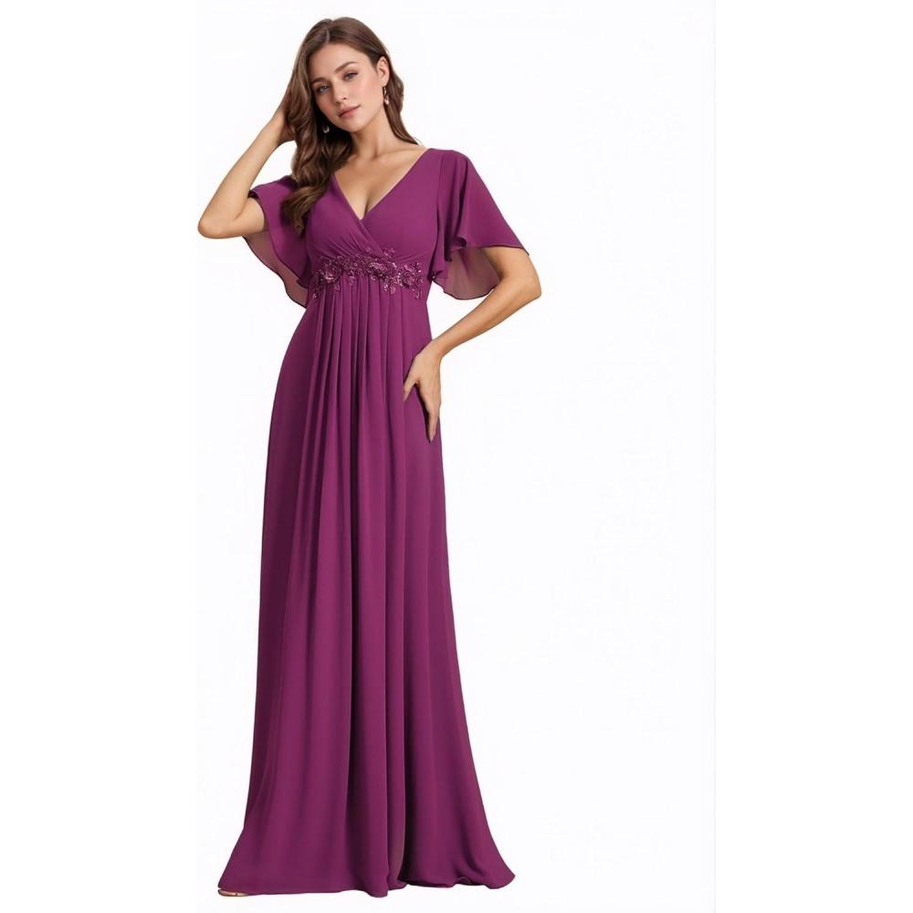 imageEverPretty Womens Bridesmaid Dresses VNeck Flutter Sleeve Long Chiffon ALine Appliqued Waist Formal DressFuchsia