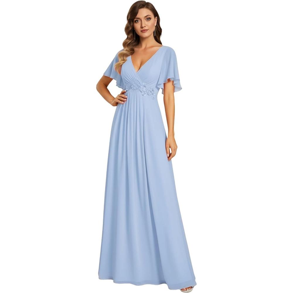 imageEverPretty Womens Bridesmaid Dresses VNeck Flutter Sleeve Long Chiffon ALine Appliqued Waist Formal DressIce Blue