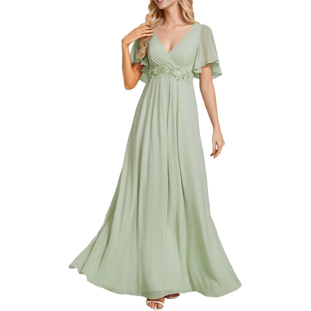imageEverPretty Womens Bridesmaid Dresses VNeck Flutter Sleeve Long Chiffon ALine Appliqued Waist Formal DressMint Green
