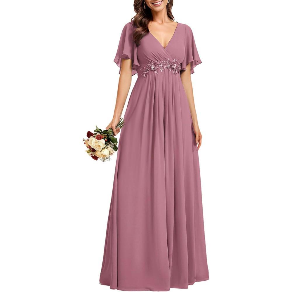 imageEverPretty Womens Bridesmaid Dresses VNeck Flutter Sleeve Long Chiffon ALine Appliqued Waist Formal DressOrchid