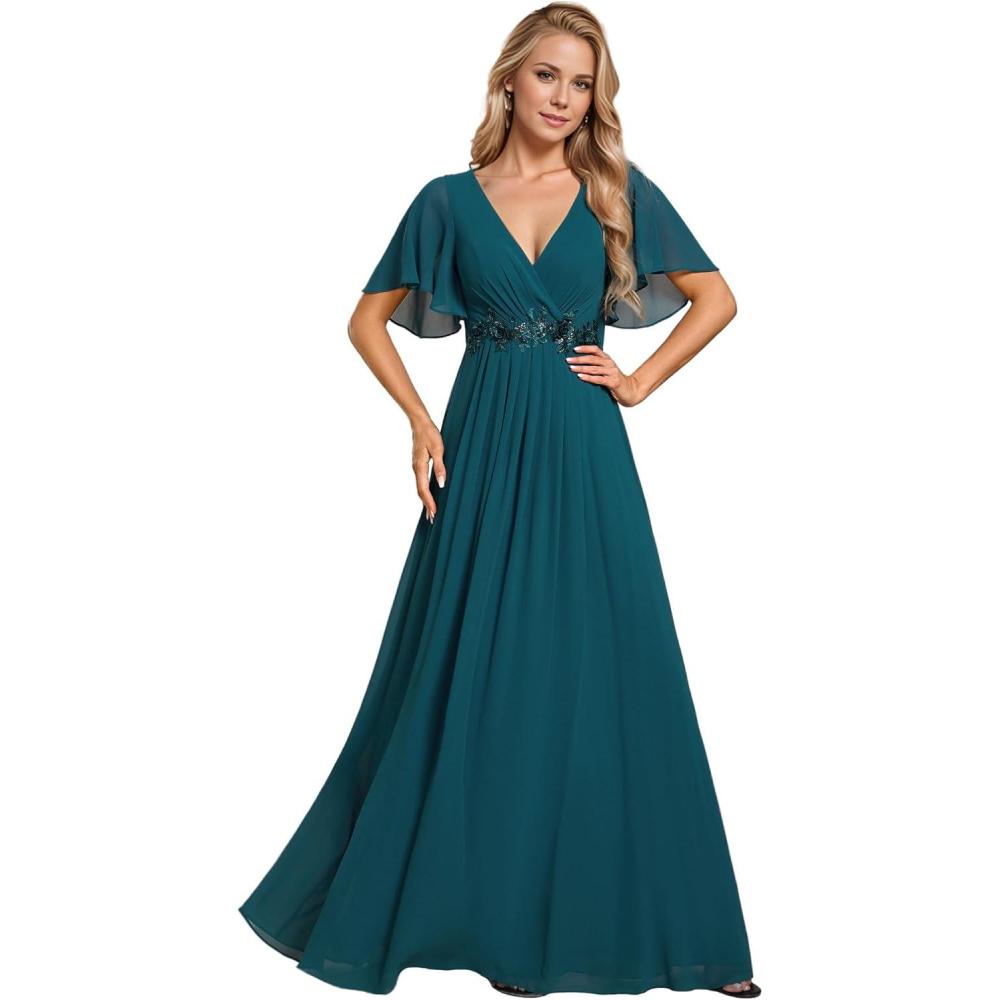 imageEverPretty Womens Bridesmaid Dresses VNeck Flutter Sleeve Long Chiffon ALine Appliqued Waist Formal DressTeal