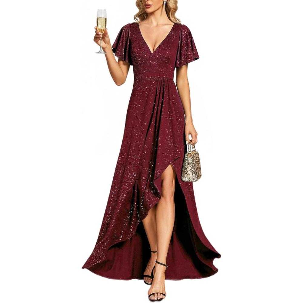 imageEverPretty Womens Glitter Christmas Formal Holiday Party Dress Stretchy Ruffle Sleeves VNeck Wedding Guest DressesBurgundy