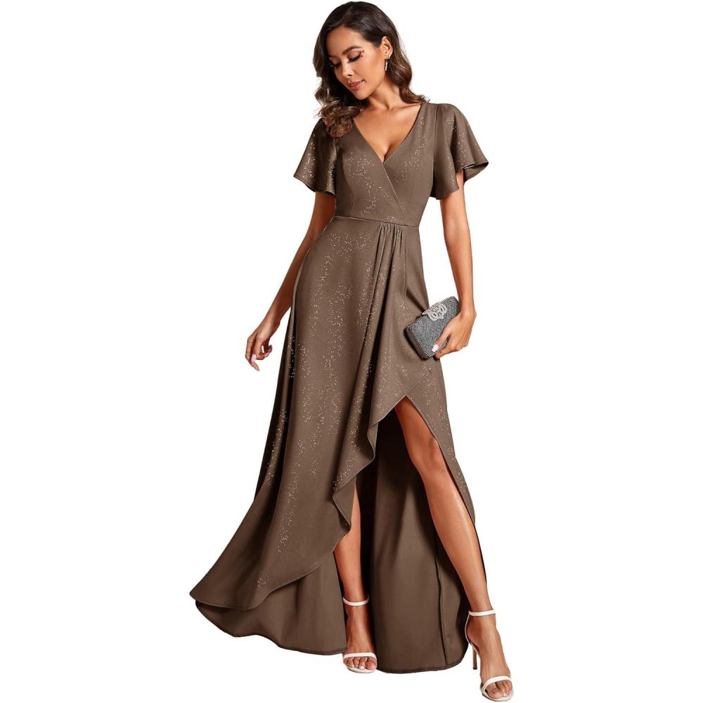 imageEverPretty Womens Glitter Christmas Formal Holiday Party Dress Stretchy Ruffle Sleeves VNeck Wedding Guest DressesCoffee
