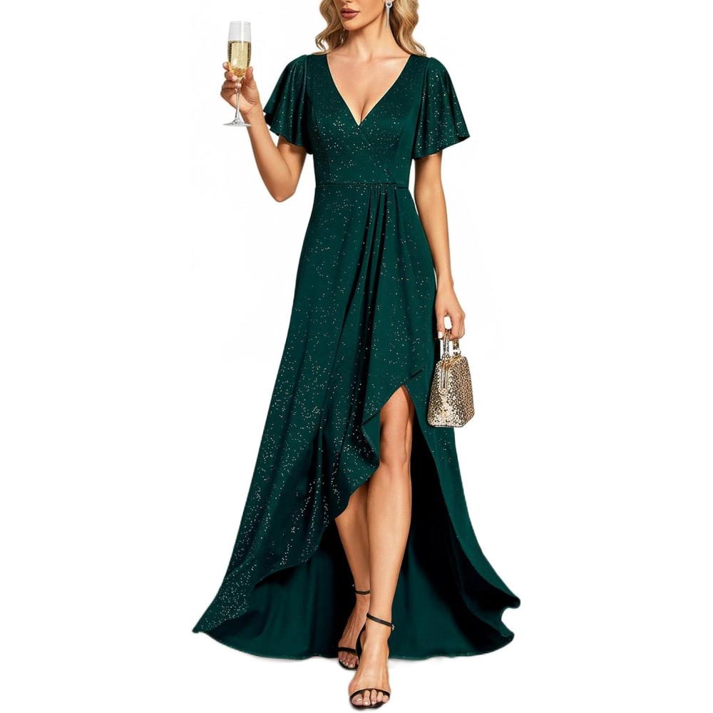 imageEverPretty Womens Glitter Christmas Formal Holiday Party Dress Stretchy Ruffle Sleeves VNeck Wedding Guest DressesDark Green
