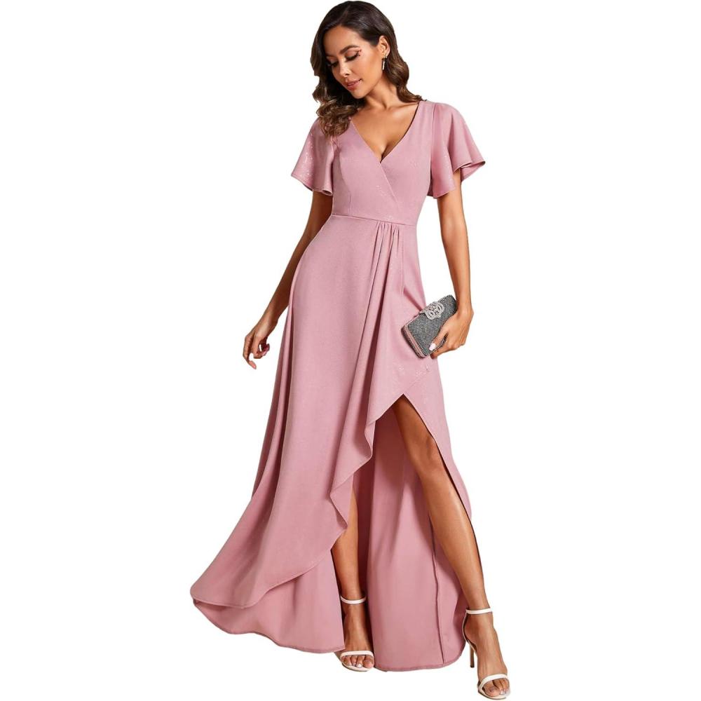 imageEverPretty Womens Glitter Christmas Formal Holiday Party Dress Stretchy Ruffle Sleeves VNeck Wedding Guest DressesDusty Rose