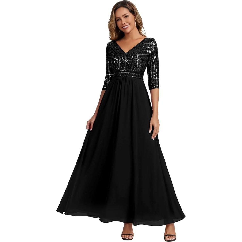 imageEverPretty Womens Sequin Formal Evening Dress VNeck Half Sleeves Floor Length ALine Mother of The Bride Dresses 00756Black