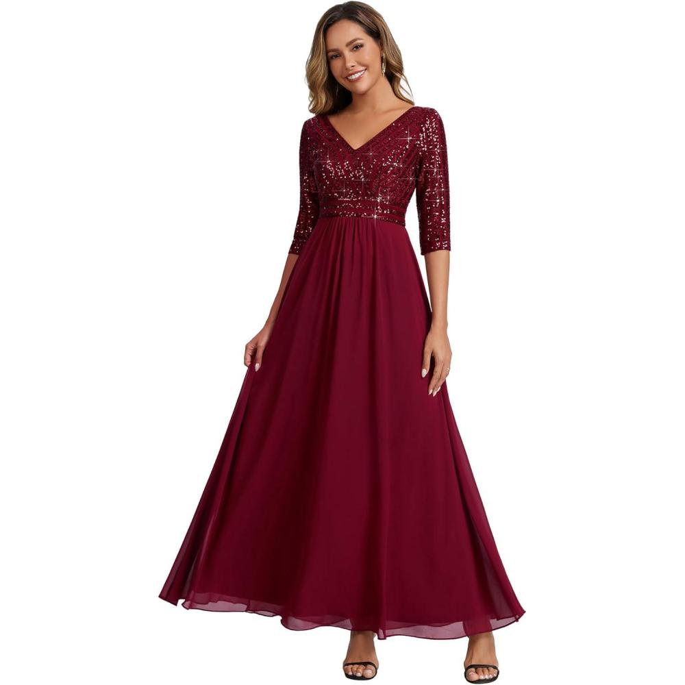 imageEverPretty Womens Sequin Formal Evening Dress VNeck Half Sleeves Floor Length ALine Mother of The Bride Dresses 00756Burgundy