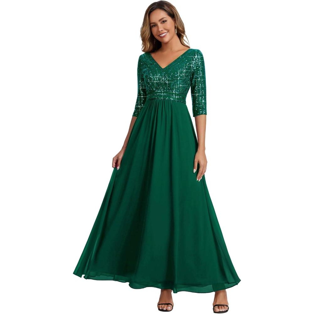 imageEverPretty Womens Sequin Formal Evening Dress VNeck Half Sleeves Floor Length ALine Mother of The Bride Dresses 00756Dark Green