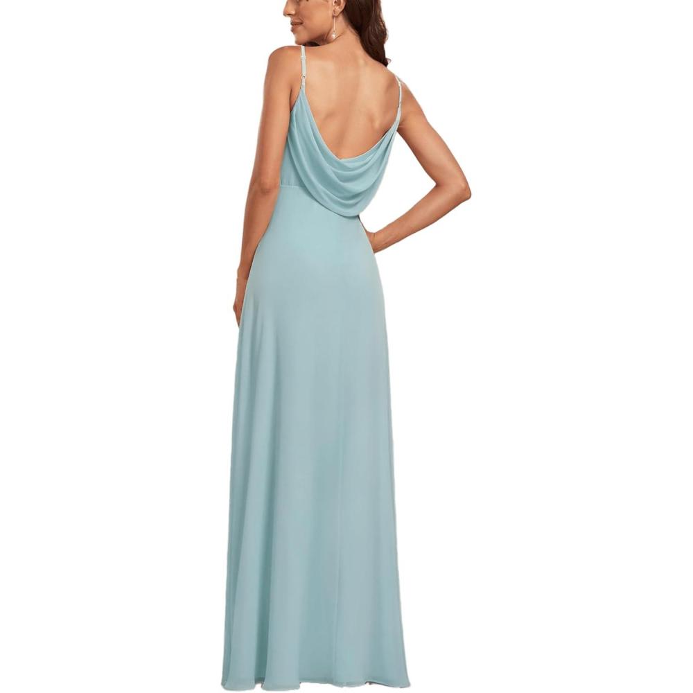imageEverPretty Womens Sexy Spaghetti Straps Cowl Back Empire Waist A Line Pleated Chiffon Bridesmaid Dress 80026PHSky Blue