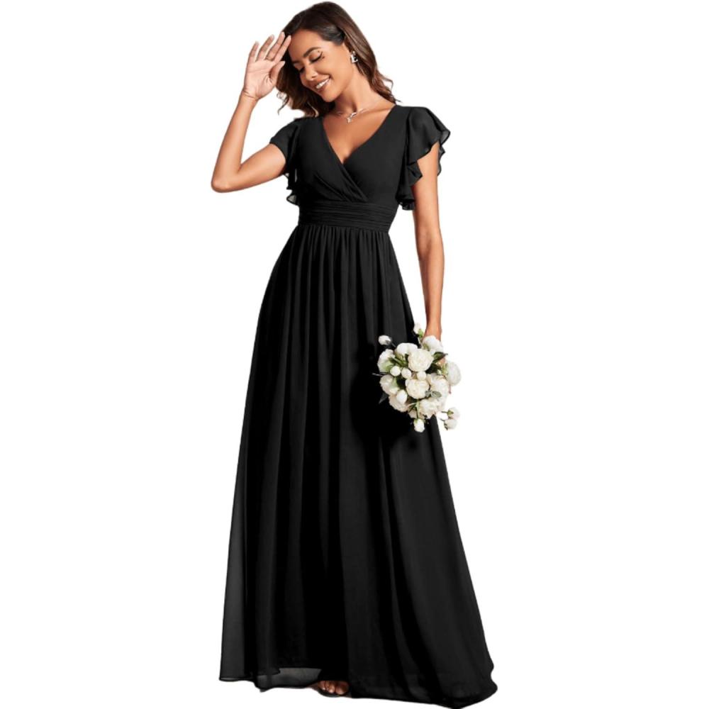 imageEverPretty Womens Spring Summer Bridesmaid Dress Flowy Chiffon A Line Short Sleeve Back Cutout Formal Dresses 01819Black