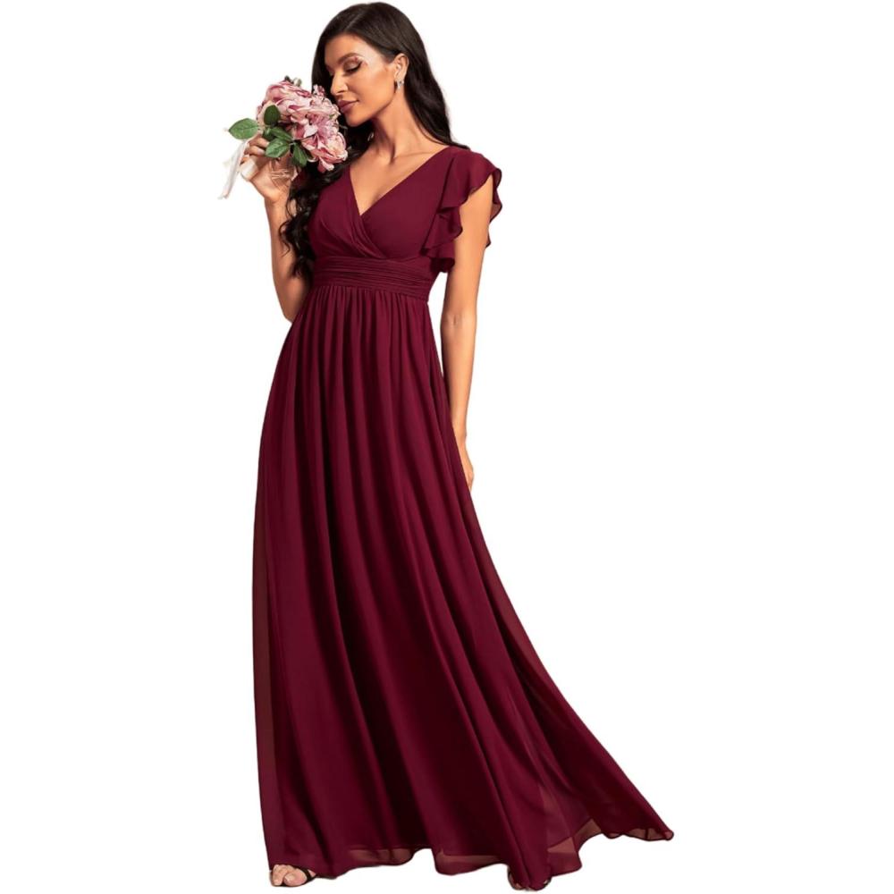 imageEverPretty Womens Spring Summer Bridesmaid Dress Flowy Chiffon A Line Short Sleeve Back Cutout Formal Dresses 01819Burgundy