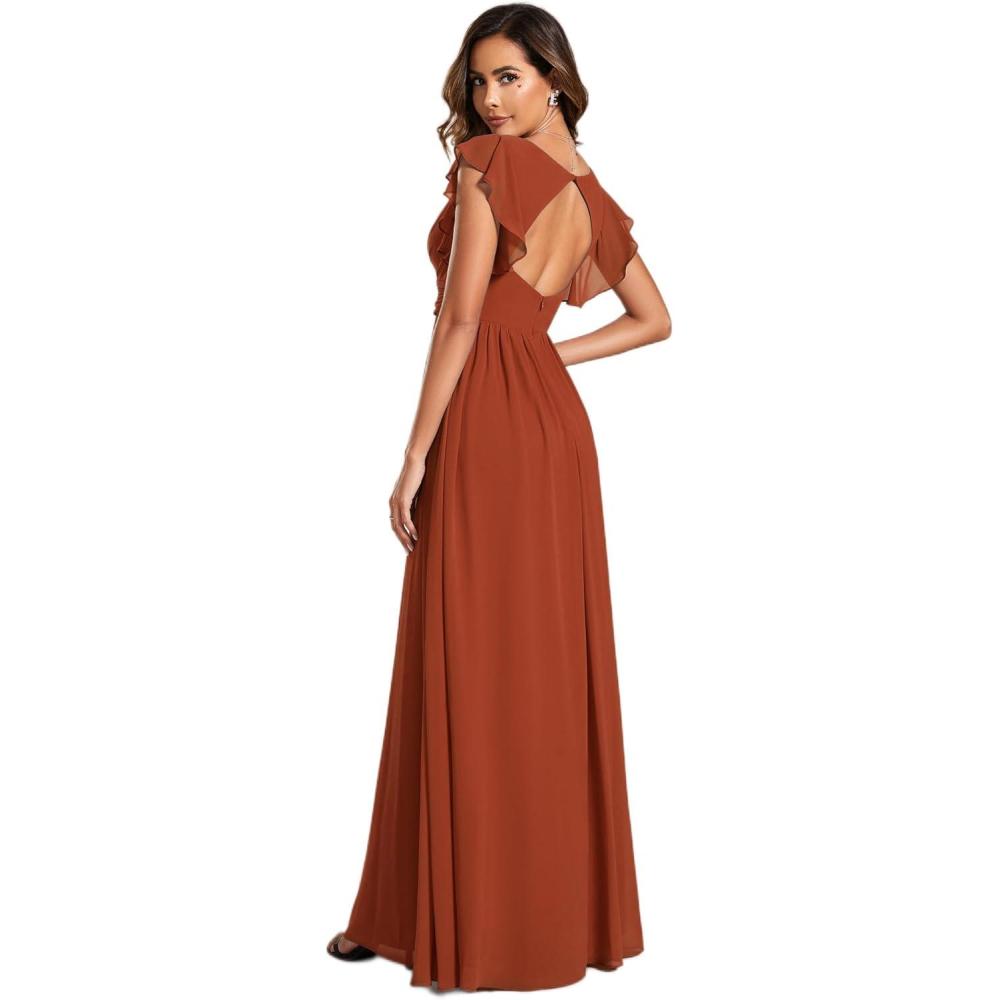 imageEverPretty Womens Spring Summer Bridesmaid Dress Flowy Chiffon A Line Short Sleeve Back Cutout Formal Dresses 01819Burnt Orange