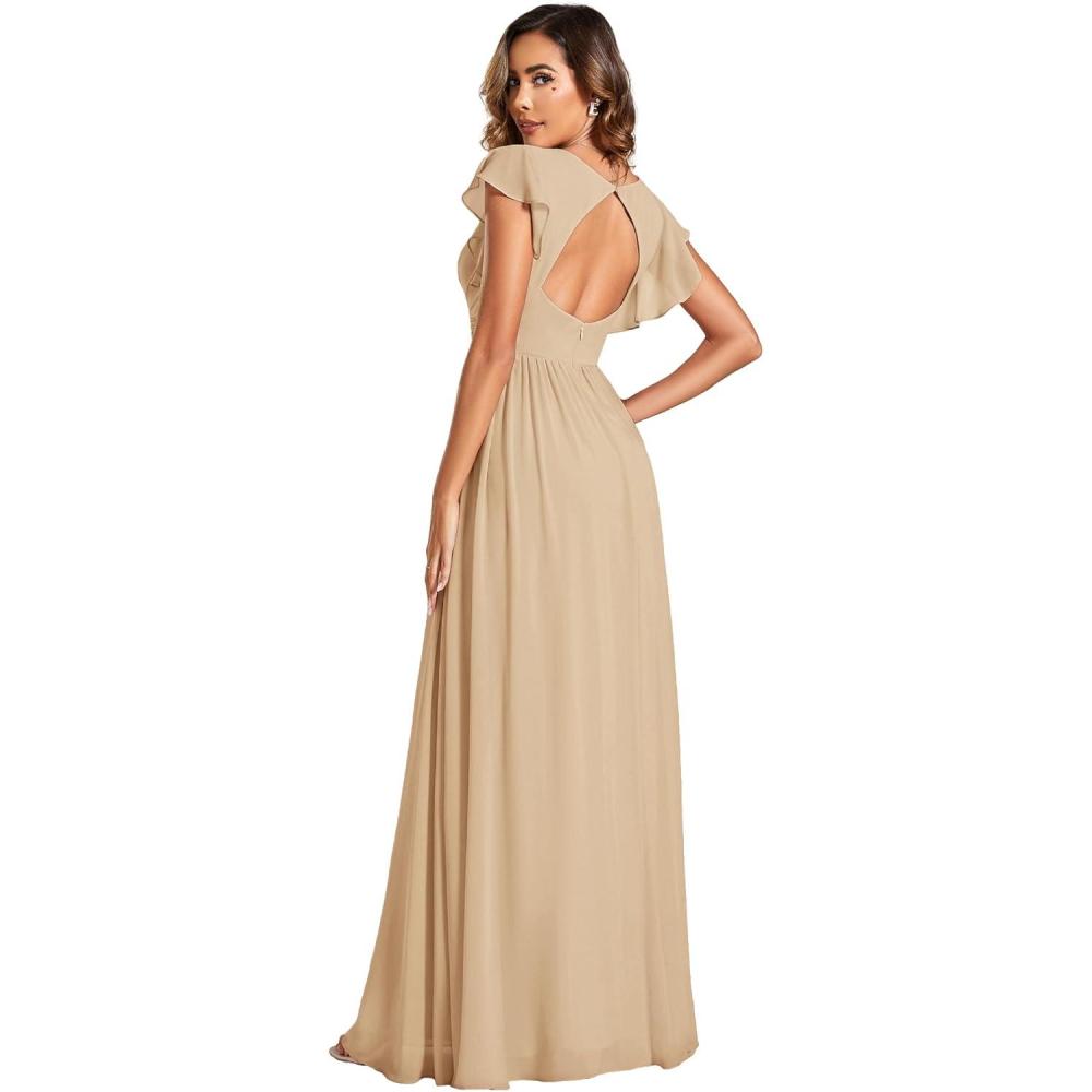 imageEverPretty Womens Spring Summer Bridesmaid Dress Flowy Chiffon A Line Short Sleeve Back Cutout Formal Dresses 01819Champage