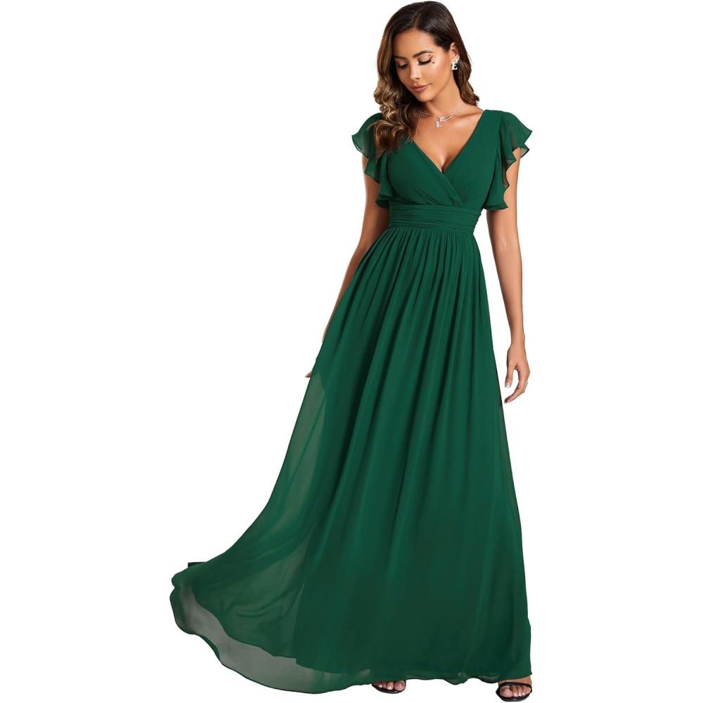 imageEverPretty Womens Spring Summer Bridesmaid Dress Flowy Chiffon A Line Short Sleeve Back Cutout Formal Dresses 01819Deep Green