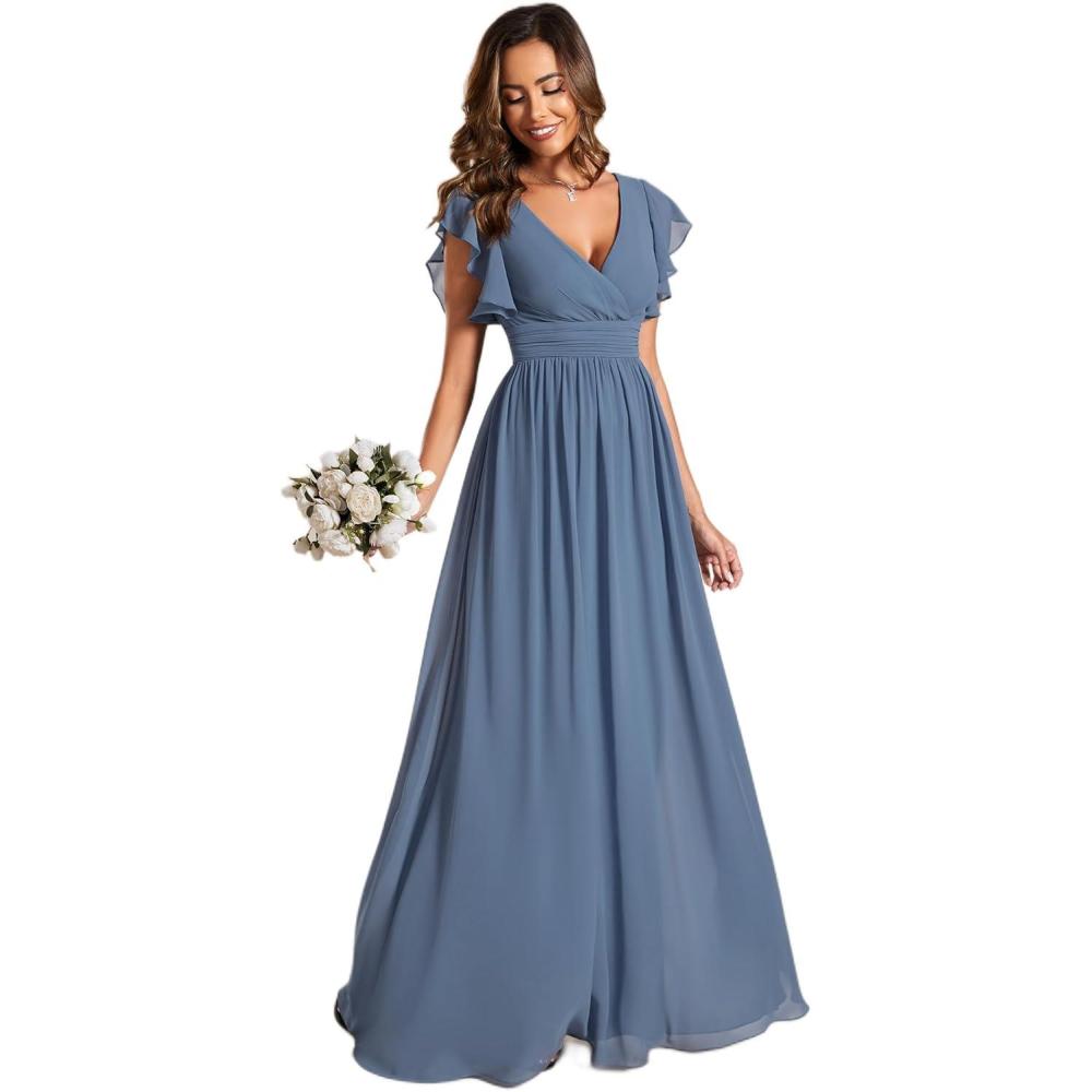 imageEverPretty Womens Spring Summer Bridesmaid Dress Flowy Chiffon A Line Short Sleeve Back Cutout Formal Dresses 01819Dusty Navy