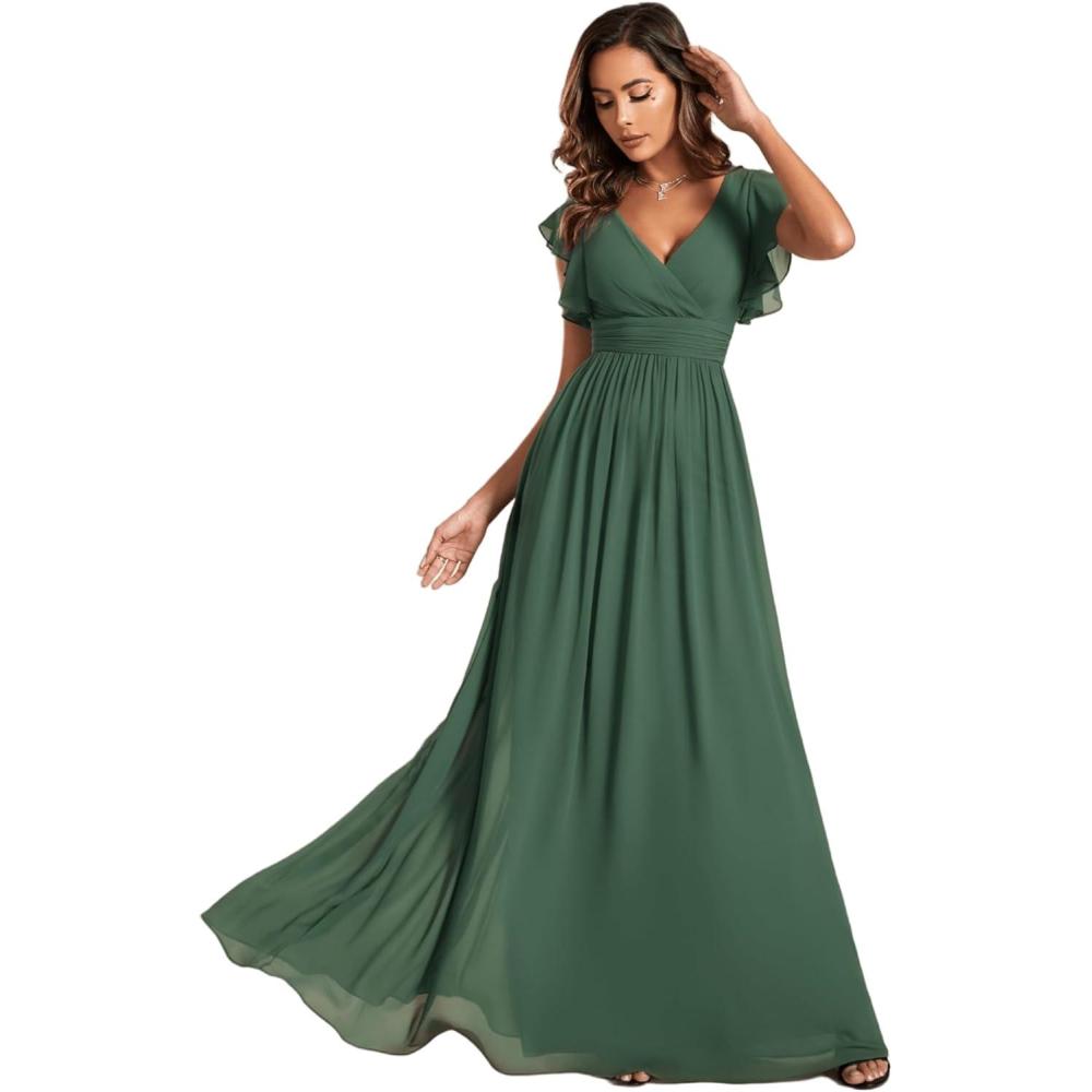 imageEverPretty Womens Spring Summer Bridesmaid Dress Flowy Chiffon A Line Short Sleeve Back Cutout Formal Dresses 01819Eucalyptus Green