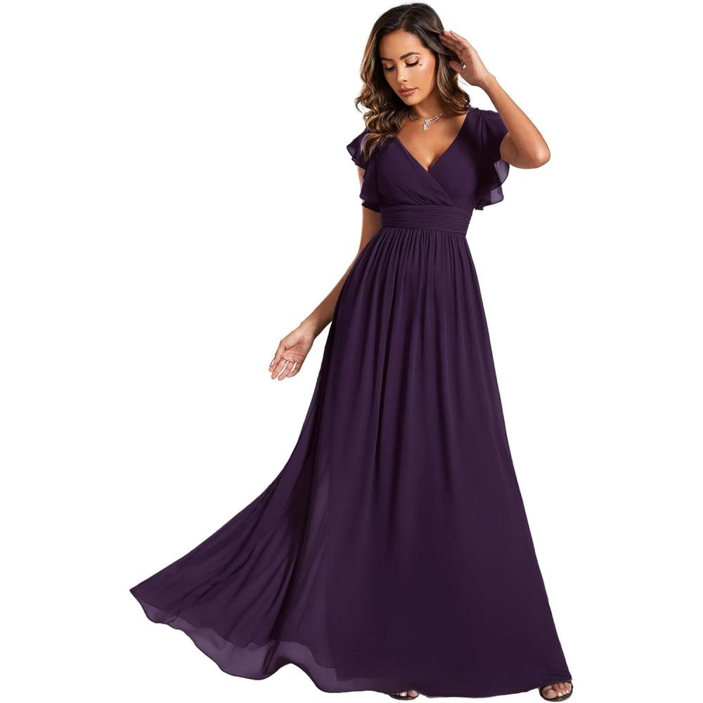 imageEverPretty Womens Spring Summer Bridesmaid Dress Flowy Chiffon A Line Short Sleeve Back Cutout Formal Dresses 01819Purple