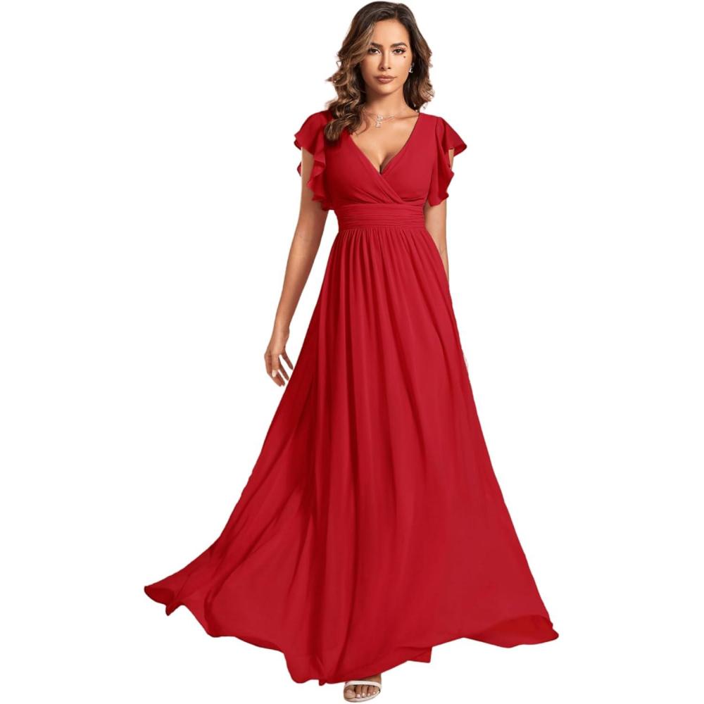 imageEverPretty Womens Spring Summer Bridesmaid Dress Flowy Chiffon A Line Short Sleeve Back Cutout Formal Dresses 01819Red
