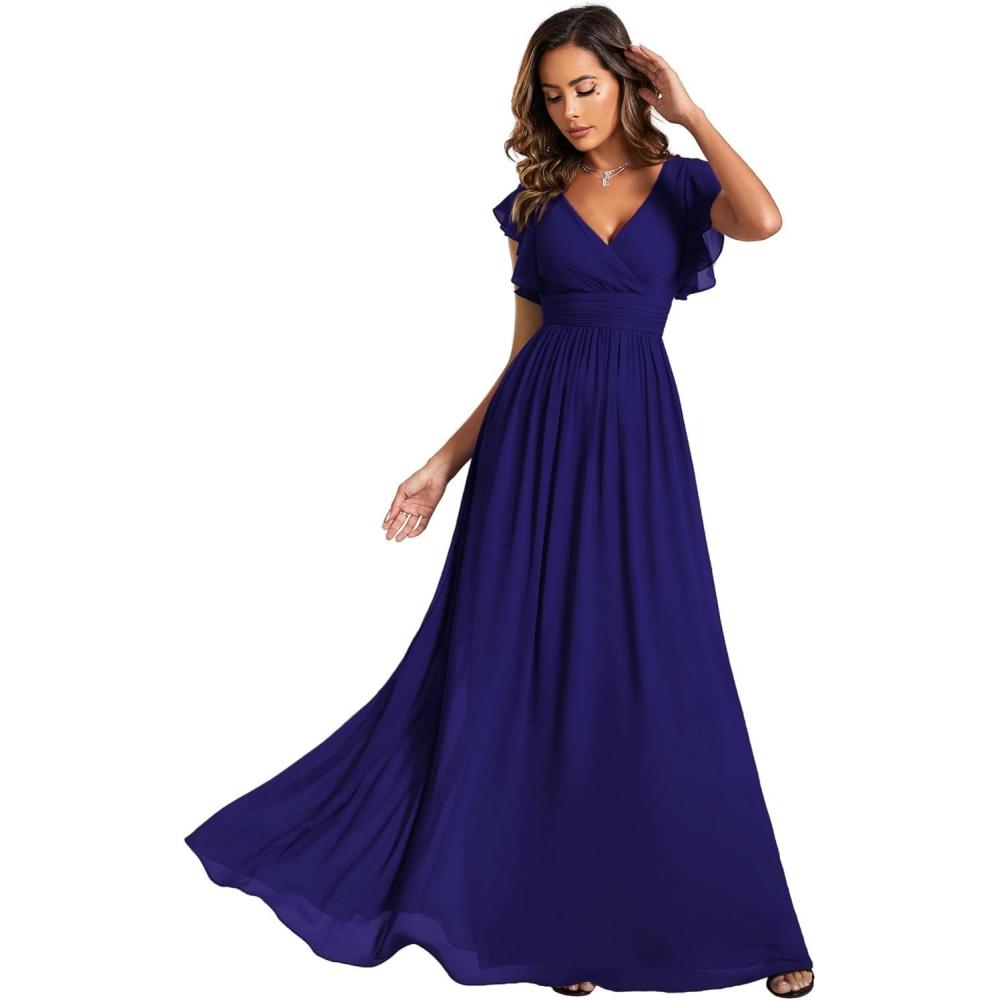 imageEverPretty Womens Spring Summer Bridesmaid Dress Flowy Chiffon A Line Short Sleeve Back Cutout Formal Dresses 01819Sapphire Blue