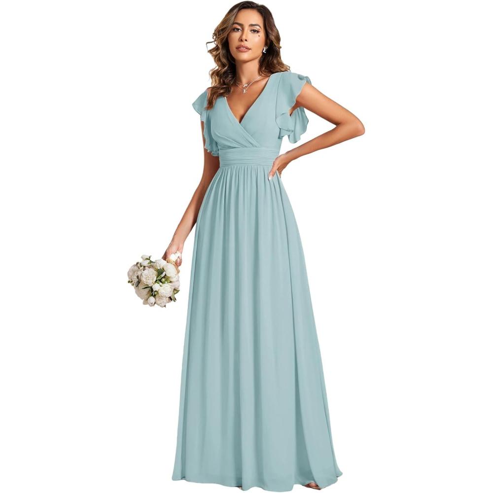 imageEverPretty Womens Spring Summer Bridesmaid Dress Flowy Chiffon A Line Short Sleeve Back Cutout Formal Dresses 01819Sky Blue