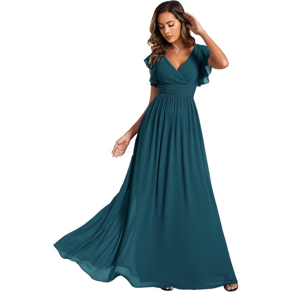 imageEverPretty Womens Spring Summer Bridesmaid Dress Flowy Chiffon A Line Short Sleeve Back Cutout Formal Dresses 01819Teal