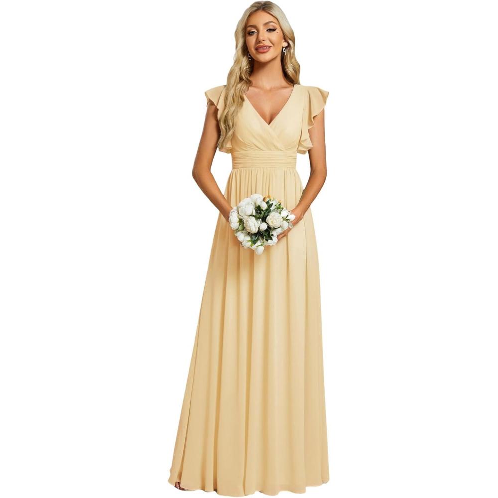 imageEverPretty Womens Spring Summer Bridesmaid Dress Flowy Chiffon A Line Short Sleeve Back Cutout Formal Dresses 01819Yellow