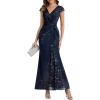 imageEverPretty Formal Dresses for Women Glitter VNeck Sequin Cap Sleeves Floor Length Stretchy Wedding Guest Dress 02657Navy Blue
