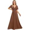 imageEverPretty Womens Bridesmaid Dresses VNeck Flutter Sleeve Long Chiffon ALine Appliqued Waist Formal DressBrown