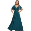 imageEverPretty Womens Bridesmaid Dresses VNeck Flutter Sleeve Long Chiffon ALine Appliqued Waist Formal DressTeal