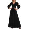 imageEverPretty Womens Chiffon VNeck Formal Evening Dress Floral Appliques Sleeves Floor Length Mother of Bride DressesBlack