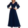 imageEverPretty Womens Chiffon VNeck Formal Evening Dress Floral Appliques Sleeves Floor Length Mother of Bride DressesNavy Blue