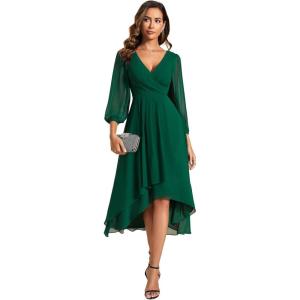 imageEver Pretty Womens Chiffon V Neck Long Sleeves ALine Midi Length Wedding Guest Dress Cocktail Party Formal Dresses 01926Dark Green