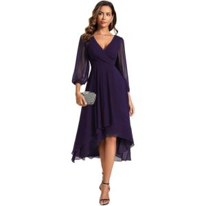 imageEver Pretty Womens Chiffon V Neck Long Sleeves ALine Midi Length Wedding Guest Dress Cocktail Party Formal Dresses 01926Deep Purple