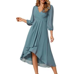 imageEver Pretty Womens Chiffon V Neck Long Sleeves ALine Midi Length Wedding Guest Dress Cocktail Party Formal Dresses 01926Dusty Blue