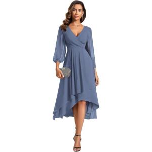 imageEver Pretty Womens Chiffon V Neck Long Sleeves ALine Midi Length Wedding Guest Dress Cocktail Party Formal Dresses 01926Dusty Navy